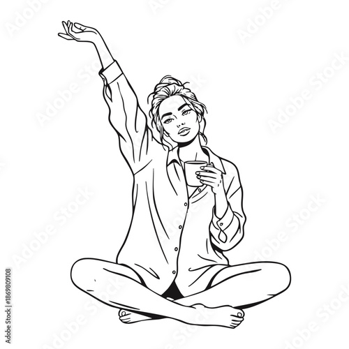 Woman meditating in lotus position with morning coffee in serene minimalist line art on white background for wellness branding