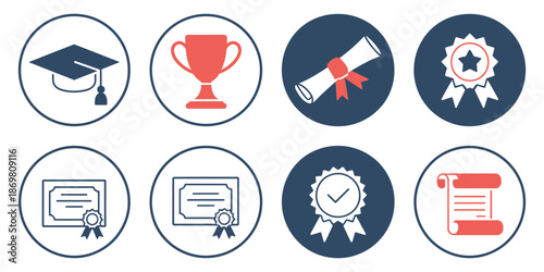 Education graduation awards and certificates flat vector icons, including diplomas, medals, trophies, and academic symbols for school, university, e-learning, and professional design