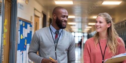 A smiling Black male teacher and a smiling blonde female teacher are walking side-by-side down a school hallway. 