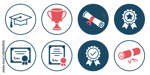 Education graduation awards and certificates icon set in flat vector style, representing diplomas, medals, academic achievement, and honors for education,