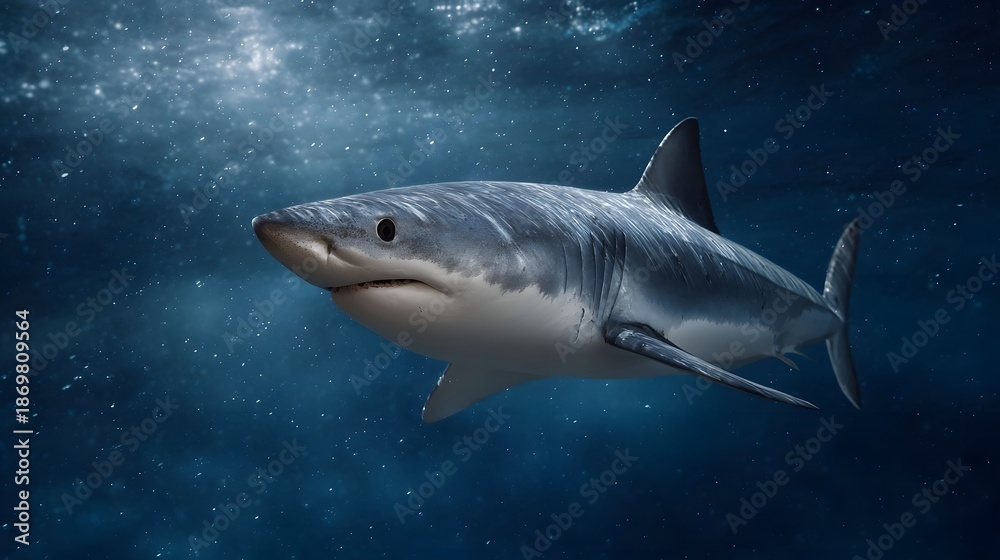 Fototapeta premium A powerful great white shark swims gracefully through the deep blue ocean currents illuminated by subtle light rays from above