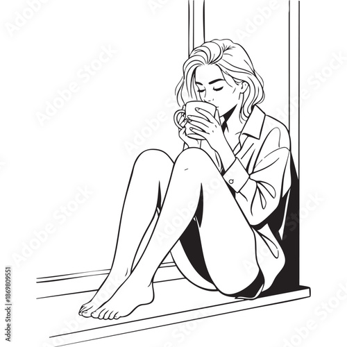 Woman Relaxing with Coffee in Monochrome Line Art on White Background for Mental Health Awareness