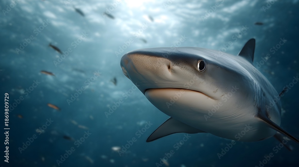 Fototapeta premium A powerful shark swims through the deep blue ocean its eye focused with small fish schooling in the blurred background