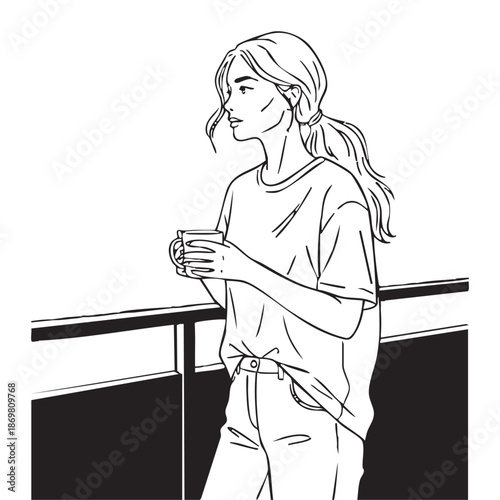 Young woman with coffee cup in relaxed casual style with soft black and white illustration for social media profile