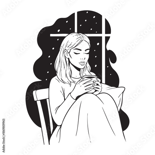 Woman meditating in serene minimalist illustration with soft black lines and white background for wellness advertising