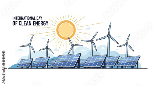 Renewable energy sources with solar panels and wind turbines on a sunny day for international day of clean