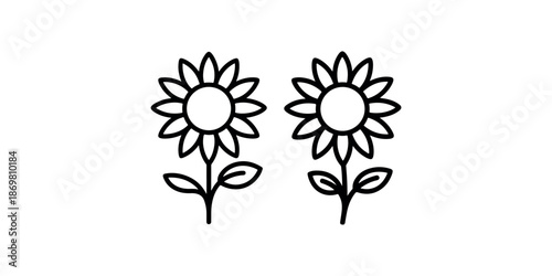 Two identical sunflower plants with petals leaves and stem vector illustration in outline style