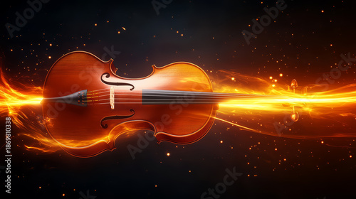Cello bow string instrument music classical wood orange glowing flame begin dramatic cello with bow motion warm wood grain vivid light trail sparks dynamic energy concert mood rich tone artistic