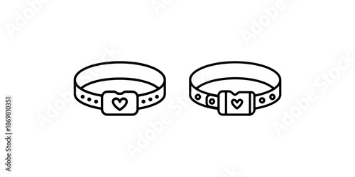 Dog collar with heart buckle icon set representing pet love and animal ownership accessories
