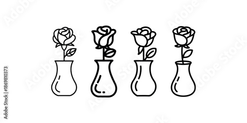Rose flower in vase line art set with different floral designs for interior home decoration