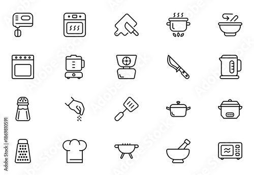 Cooking line icon set.  Frying pan and Kitchen utensils. Fork, spoon and knife line icons. Recipe book, chef hat and cutting board. Thin outline icons pack. Vector illustration
