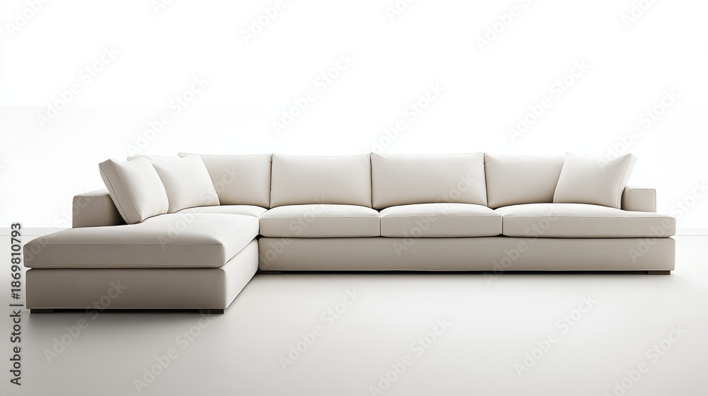 Naklejka premium Cream sectional sofa modern couch minimalist living room clean lines upholstered furniture neutral color chaise lounge modular design large seating contemporary style offers calm comfort airy space