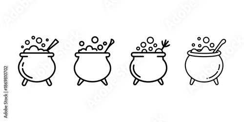 Variations of bubbling witch cauldrons with stirring tools for mystical recipe creation