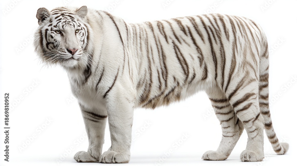 Fototapeta premium Majestic white tiger standing proudly against a clean white background