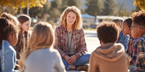A female teacher sits in a circle with a group of elementary school children outdoors. She is smiling warmly and engaging with the students, who are looking at her attentively. 