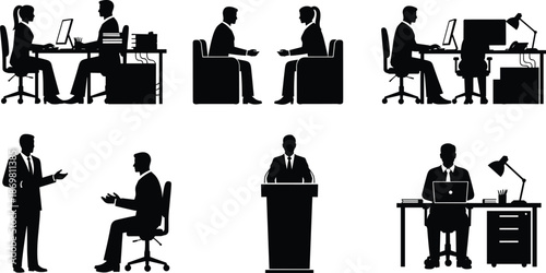 Business office silhouette set, professional people working at desk, corporate meeting and public speaking collection, CAD drawing flat vector illustration