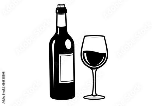 illustration of bottle and glass of wine, elegant dining theme, clipart style.