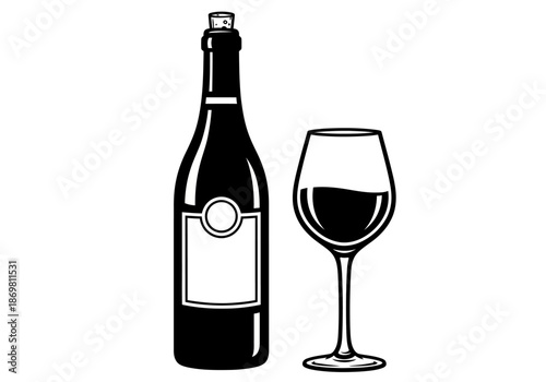 illustration of bottle and glass of wine, elegant dining theme, clipart style.