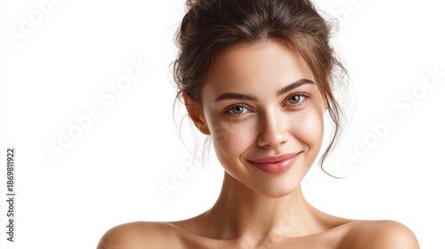 Beautiful young woman with a radiant smile and healthy skin on a white background