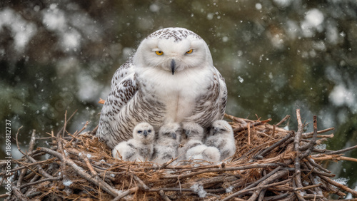 Foto Snowy Owl Mother with Chicks in Winter Nest