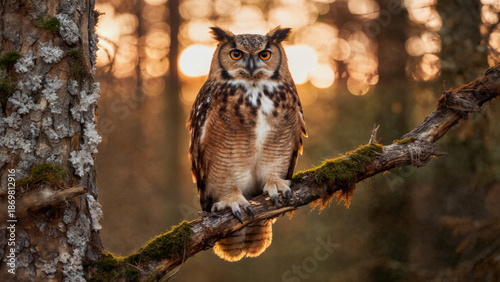 Foto Eurasian Eagle Owl on Branch in Forest at Sunset