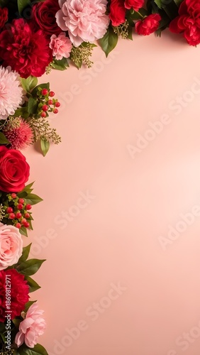 Valentine's day floral border with red and pink roses on pastel background for romantic greeting cards and love messages