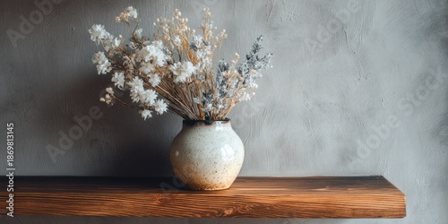 A rustic wooden shelf displays a small, ceramic vase filled with dried flowers. The vase is a warm, off-white color with a textured, speckled glaze. The flowers, primarily white and gray, 