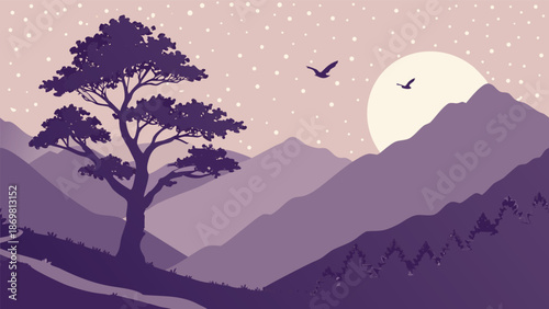 A peaceful purple landscape illustration with mountains, a tree, and birds flying towards the large rising sun