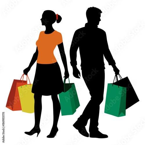 Shopping Couple Silhouette Carrying Colorful Bags