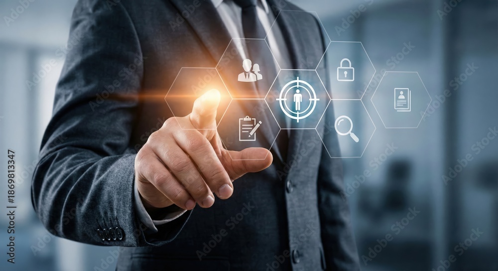 Obraz premium Professional Adult White Businessman Interacting with Futuristic Digital UI Targeting Interface for Customer Segments and Marketing Analytics in a Soft Lit Modern Office Environment