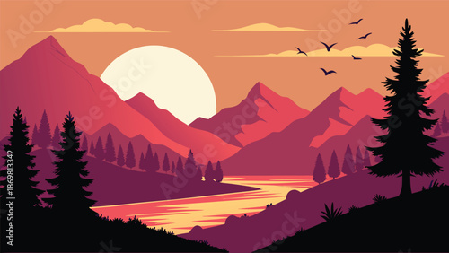 A peaceful stylized landscape illustration of a sunset over mountains with a river and pine trees