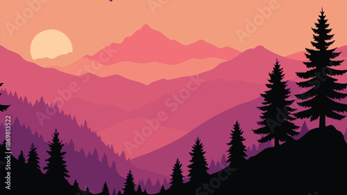 A serene minimalist illustration of a layered mountain range at twilight with pine tree silhouettes