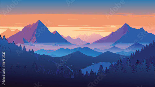 Colorful flat design illustration of a vast mountain range at sunrise, featuring layered peaks and a peaceful atmosphere