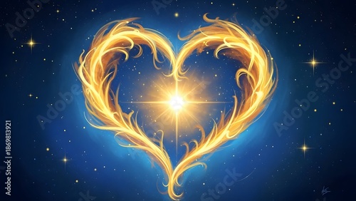 Valentine's day heart of love shining bright in space with golden flames and stars