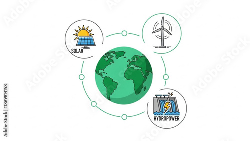 Renewable energy sources around the world with solar wind and hydropower with solar power