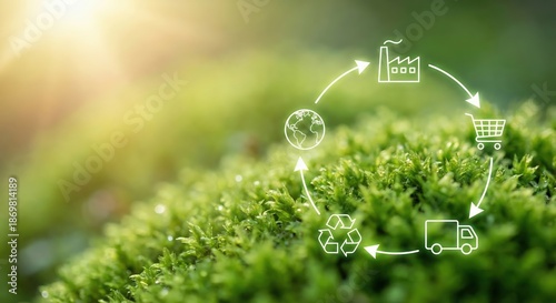 Sustainable circular economy concept with white digital supply chain icons over lush green moss outdoors in bright daylight, representing environmental conservation and recycling.