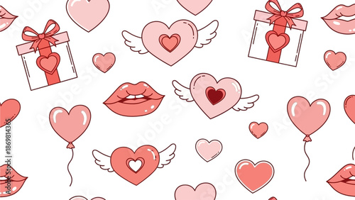 Valentine's Day pattern featuring lips, hearts, and gift boxes with wings, showcasing love and affection in a playful illustration style