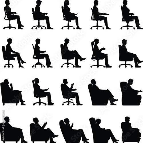 office, chair, silhouettes, people, sitting, business, professionals, workspace, posture, ergonomics, furniture, corporate, set, collection, concept
