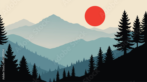 A serene minimalist illustration depicting a layered mountain landscape with pine trees and a vibrant red sun.