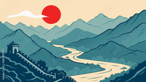 A serene view of the great wall winding through majestic mountains under a large red sun
