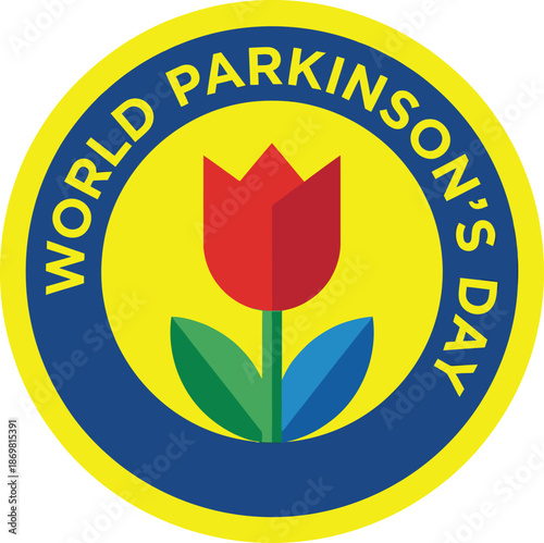 World Parkinson's Day awareness badge with red tulip icon symbol of neurological disease support medical healthcare campaign sign logo design for global event hope and care concept art.
