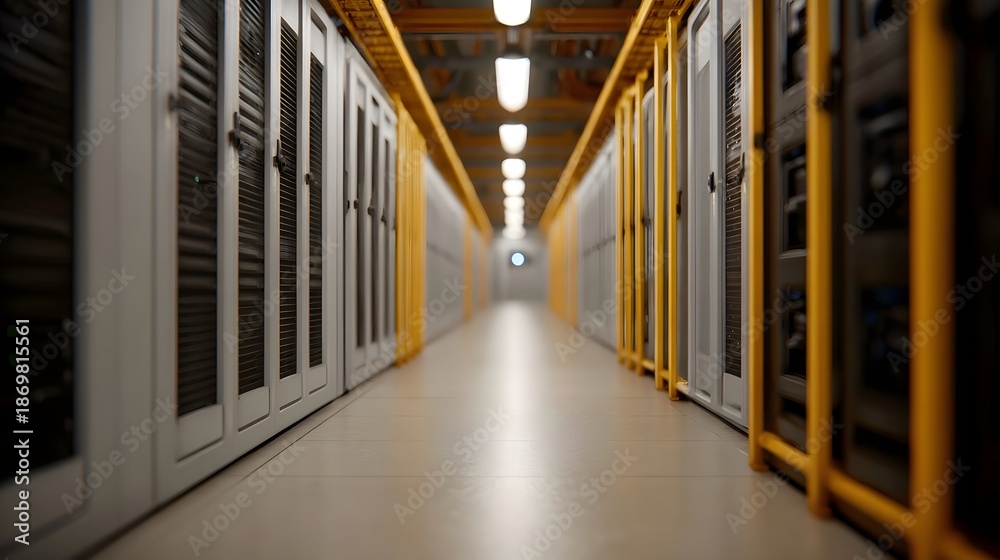 Obraz premium Perspective down a long modern data center corridor lined with server racks under bright ceiling lights