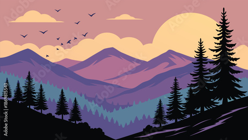Serene mountain landscape illustration at sunrise featuring colorful layers and silhouettes of pine trees and flying birds