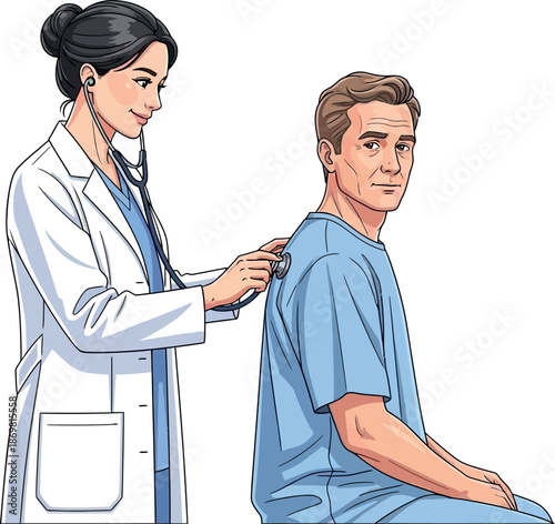 Illustration of a female doctor listening to the back of a middle aged male patient with a stethoscope, isolated on white background