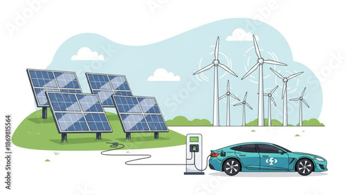 Electric car charging with solar panels and wind turbines in the background generating renewable energy