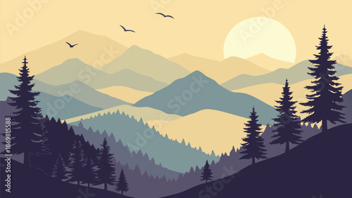 Beautiful flat design illustration of a serene mountain landscape at sunset with pine trees