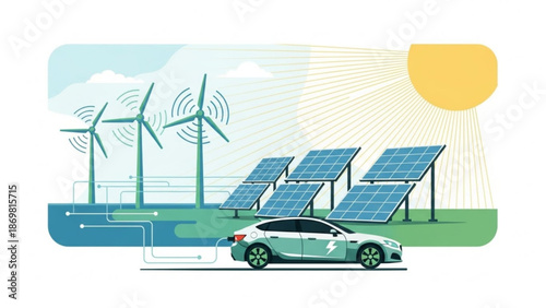 Electric car charging with renewable energy sources including solar panels and wind turbines under sunny sky