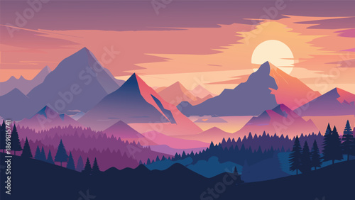 Vibrant flat design illustration of a majestic mountain range at sunrise or sunset with a colorful sky