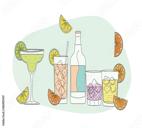 A colorful illustration featuring various cocktails and citrus fruit garnishes