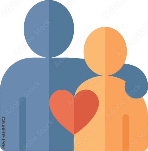 Two human figures hugging with heart icon symbol of care support and empathy kindness concept love and friendship relationship sign charity volunteer teamwork helping hand community bonding.